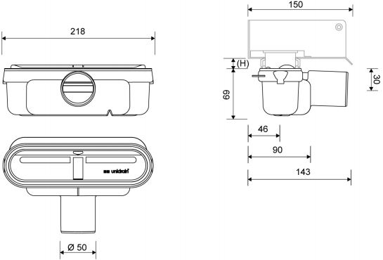 UNIDRAIN 1418 nízký sifon DN50, pro podlahový žlab, boční odpad 1418.0050 Technický nákres