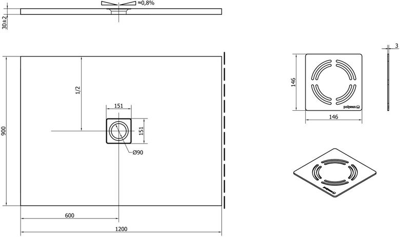 POLYSAN FLEXIA sprchová vanička 120x90 cm, litý mramor, bez nožiček 72895 Technický nákres