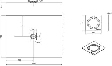 POLYSAN FLEXIA sprchová vanička 120x90 cm, litý mramor, bez nožiček 72895 Technický nákres