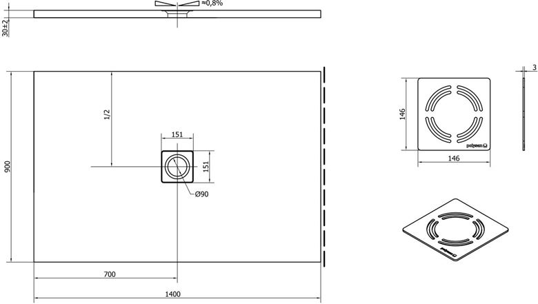 POLYSAN FLEXIA sprchová vanička 140x90 cm, litý mramor, bez nožiček 72897 Technický nákres