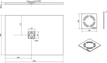 POLYSAN FLEXIA sprchová vanička 130x90 cm, litý mramor, bez nožiček 72896 Technický nákres