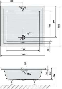 POLYSAN DEEP sprchová vanička 100x90 cm, akrylát, bez nožiček 72340 Technický nákres