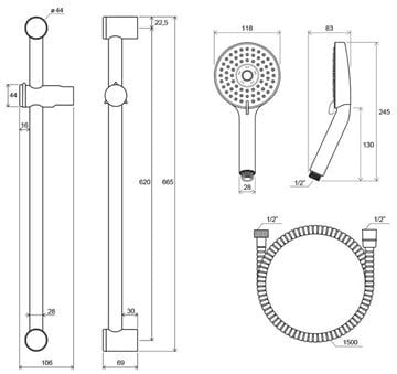 RAVAK 922.00 sprchová souprava 3-dílná, ruční sprcha pr. 118 mm, 3 proudy, tyč, hadice, lesklý chrom X07S003 Technický nákres