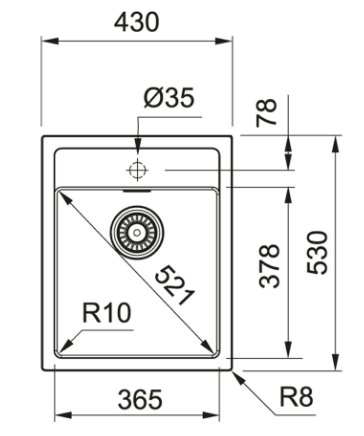FRANKE SIRIUS SID 610-40 tectonitový dřez 530x430 mm, otvor pro baterii, černá 114.0503.041 Technický nákres