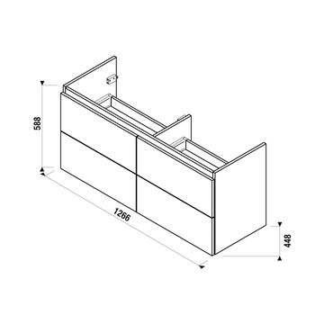 JIKA MIO-N skříňka pod dvojumyvadlo 126,6x44,5x58,8 cm, 4 zásuvky, Push-open, jasan H40J7184013421 Technický nákres