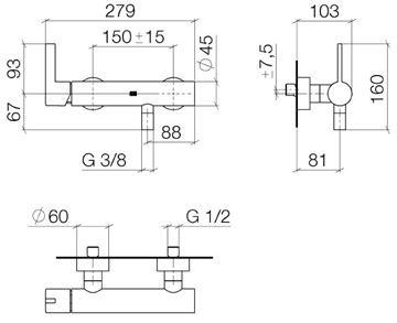 DORNBRACHT IMO sprchová nástěnná baterie, chrom 33 301 670-00 Technický nákres
