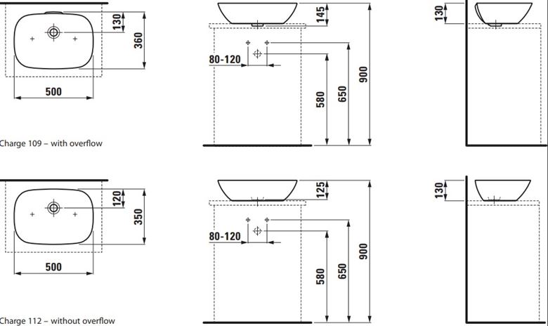 LAUFEN INO umyvadlová mísa 50 cm, s přepadem H8123020001121 Technický nákres
