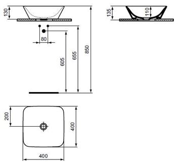 CONCEPT CUBE 2.0 umyvadlová mísa 40 cm, bez otvoru pro baterii, bez přepadu E078601(E034701) Technický nákres