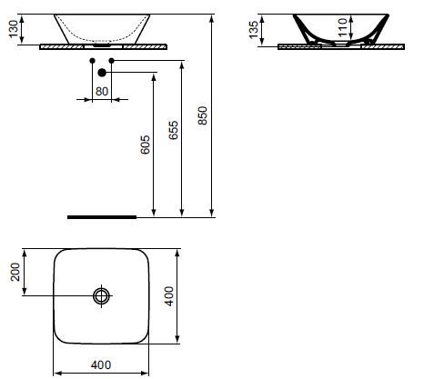 CONCEPT CUBE 2.0 umyvadlová mísa 40 cm, bez otvoru pro baterii, bez přepadu E078601(E034701) Technický nákres