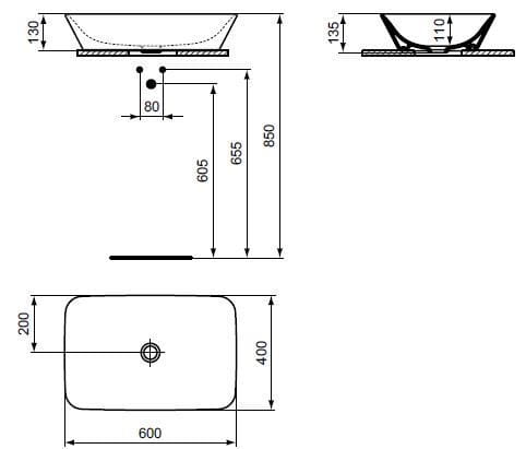 CONCEPT CUBE 2.0 umyvadlová mísa 60 cm, bez otvoru pro baterii, bez přepadu E078701(E034801) Technický nákres