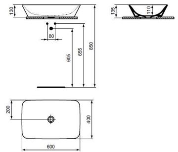 CONCEPT CUBE 2.0 umyvadlová mísa 60 cm, bez otvoru pro baterii, bez přepadu E078701(E034801) Technický nákres