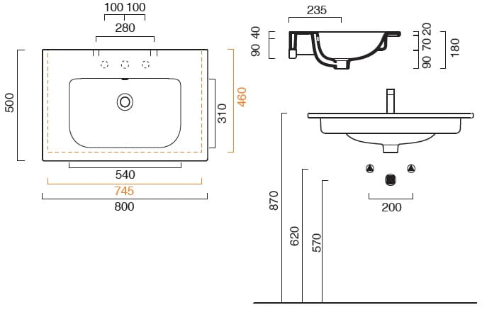 CONCEPT S umyvadlo 80 cm, bez otvoru pro baterii, s přepadem, Cataglaze 0720810001 Technický nákres