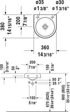 DURAVIT ARCHITEC umývátko 36 cm, bez přepadu 0766350000 Technický nákres