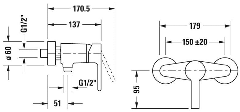 DURAVIT B.2 sprchová nástěnná baterie, chrom B24230000010 Technický nákres
