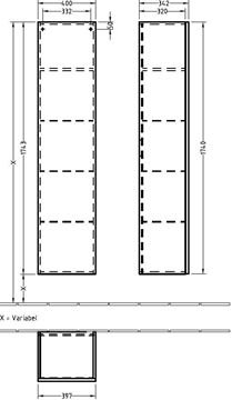 VILLEROY & BOCH VERITY LINE vysoká skříňka 40x34,2x174,3 cm, 1 dvířka, panty vlevo, Push-open, Oak Kansas B65200RH Technický nákres