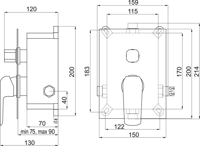 EASY PLUS NOBLESS podomítková baterie, pro 2 spotřebiče, s tělesem, matná černá EAPB051 Technický nákres