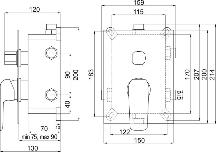 EASY PLUS NOBLESS podomítková baterie, pro 3 spotřebiče, s tělesem, matná černá EAPB051RX Technický nákres