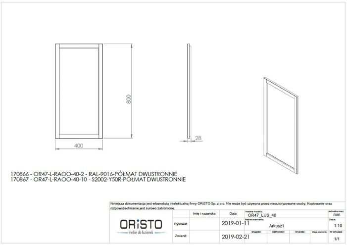 CONCEPT RETRO zrcadlo 40x80 cm OR47-L-RAOO-40-10 Technický nákres