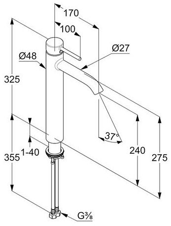 KLUDI BOZZ umyvadlová stojánková baterie, matná černá 382863976 Technický nákres