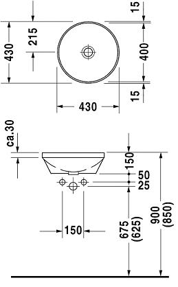 DURAVIT ARCHITEC umyvadlo 40 cm, bez přepadu 0463400000 Technický nákres