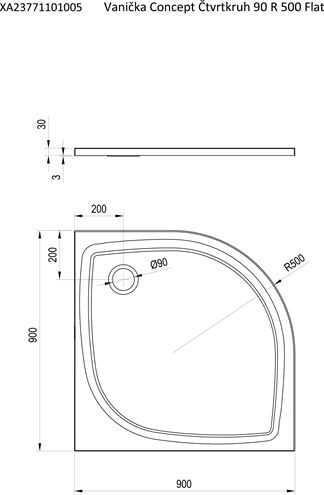 CONCEPT 100 sprchová vanička 90x90 cm, R500, litý mramor, bez nožiček XA23771101005 Technický nákres