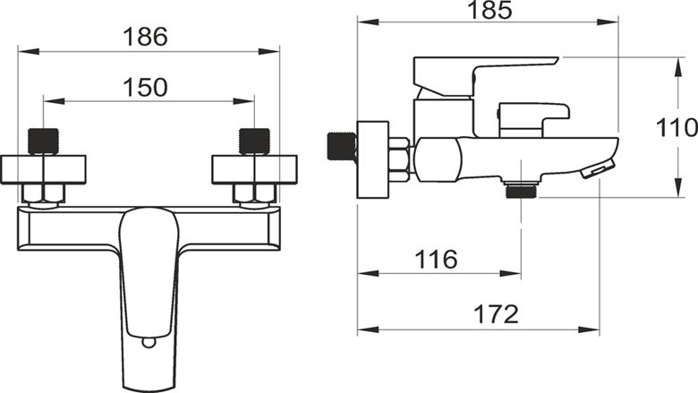 NOVASERVIS METALIA 58 vanová nástěnná baterie, s přepínačem, chrom 58020/1,0 Technický nákres