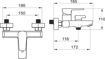NOVASERVIS METALIA 58 vanová nástěnná baterie, s přepínačem, chrom 58020/1,0 Technický nákres