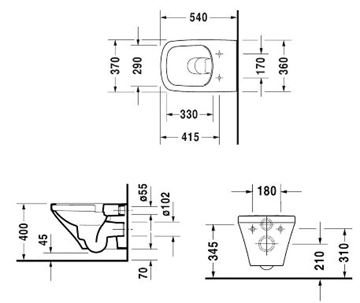 DURAVIT DURASTYLE závěsné WC, se SoftClose sedátkem, Rimless splachování 45510900A1 Technický nákres