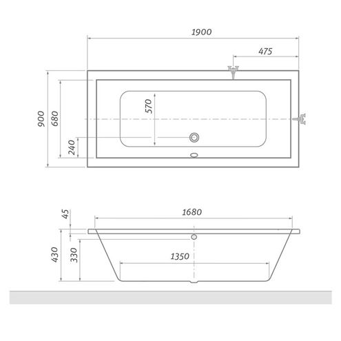 ROTH KUBIC vana 190x90 cm, bez nožiček, akrylát 9390000 Technický nákres
