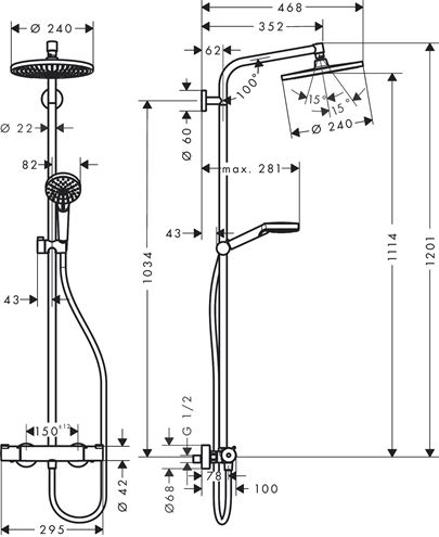 HANSGROHE CROMETTA S SHOWERPIPE 240 sprchový set s termostatickou baterií, horní sprcha, ruční sprcha se 2 proudy, tyč, hadice, EcoSmart, chrom 27268000 Technický nákres
