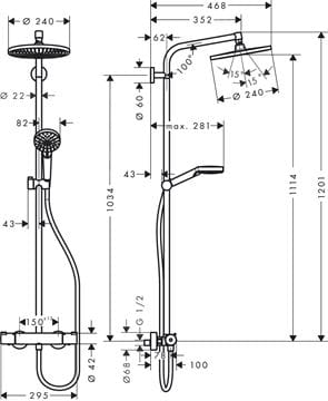 HANSGROHE CROMETTA S SHOWERPIPE 240 sprchový set s termostatickou baterií, horní sprcha, ruční sprcha se 2 proudy, tyč, hadice, EcoSmart, chrom 27268000 Technický nákres
