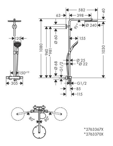 HANSGROHE RAINDANCE S SHOWEPIPE 240 sprchový set s termostatickou baterií, horní sprcha, ruční sprcha se 3 proudy, tyč, hadice, matná černá 27633670 Technický nákres