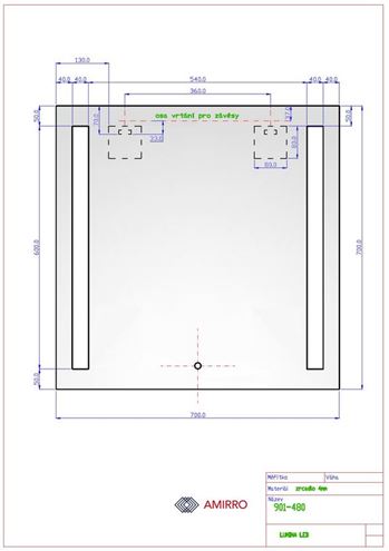 AMIRRO LUMINA SENZOR LED zrcadlo 70x70 cm, s osvětlením, se senzorem 901-480 Technický nákres