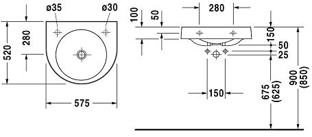 DURAVIT ARCHITEC umyvadlo 57,5 cm, bez přepadu 0449580000 Technický nákres