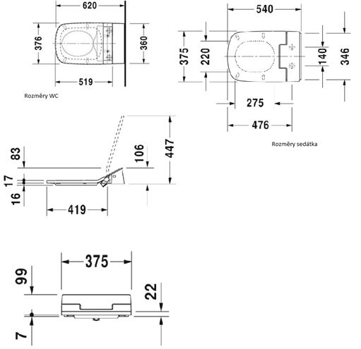 DURAVIT SENSOWASH SLIM závěsné WC, s bidetovým sedátkem, SoftClose, Rimless 631001002004300 Technický nákres