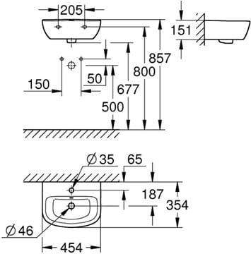 GROHE BAU CERAMIC umývátko 45 cm, s otvorem pro baterii a přepadem 39424000 Technický nákres