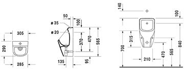 DURAVIT D-CODE pisoár, horní přívod vody, Rimless splachování 0828300000 Technický nákres