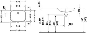 DURAVIT D-CODE umyvadlo 56 cm, s přepadem 0338560000 Technický nákres