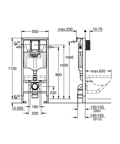 GROHE RAPID SL montážní prvek pro WC 113 cm, se splachovací nádržkou 38539001 Technický nákres