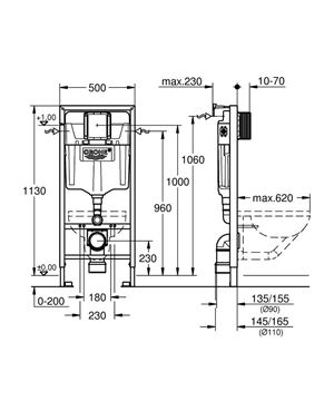 GROHE RAPID SL montážní prvek pro WC 113 cm, se splachovací nádržkou 38539001 Technický nákres