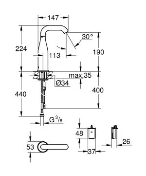 GROHE ESSENCE E umyvadlová senzorová baterie pro jednu vodu, napájení ze sítě, chrom 36446000 Technický nákres