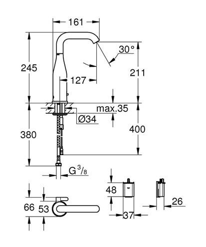 GROHE ESSENCE E umyvadlová senzorová baterie s regulací teploty, napájení z baterie, chrom 36445000 Technický nákres