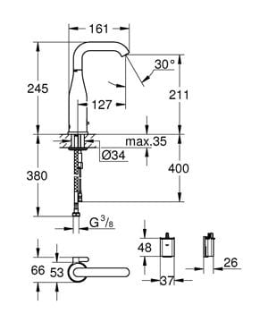 GROHE ESSENCE E umyvadlová senzorová baterie s regulací teploty, napájení z baterie, chrom 36445000 Technický nákres