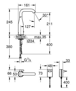 GROHE ESSENCE E umyvadlová senzorová baterie s regulací teploty, napájení ze sítě, chrom 36444000 Technický nákres