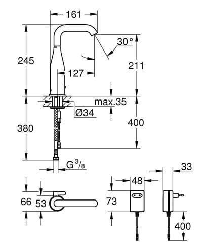 GROHE ESSENCE E umyvadlová senzorová baterie s regulací teploty, napájení ze sítě, chrom 36444000 Technický nákres