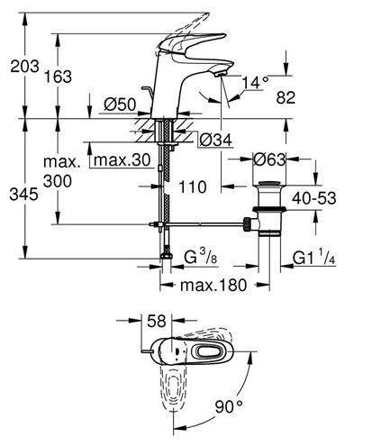 GROHE EUROSTYLE umyvadlová stojánková baterie, s odtokovou soupravou, SilkMove  ES, měsíční bílá/chrom 23374LS3 Technický nákres