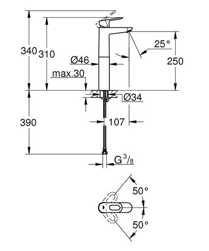 GROHE BAULOOP umyvadlová stojánková baterie, chrom 23764000 Technický nákres