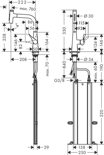 HANSGROHE METRIS SELECT M71 dřezová baterie, s vytahovací sprškou, sBox, chrom 73817000 Technický nákres