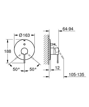 GROHE ESSENCE NEW vanová podomítková baterie, supersteel 19285DC1 Technický nákres