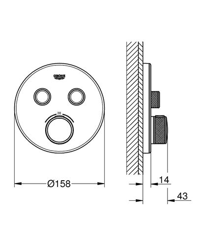 GROHE GROHTHERM SMARTCONTROL podomítková termostatická baterie, pro 2 spotřebiče, Water Saving, měsíční bílá 29151LS0 Technický nákres
